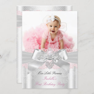First Birthday Pink White Lace Diamond Tiara Invitation
