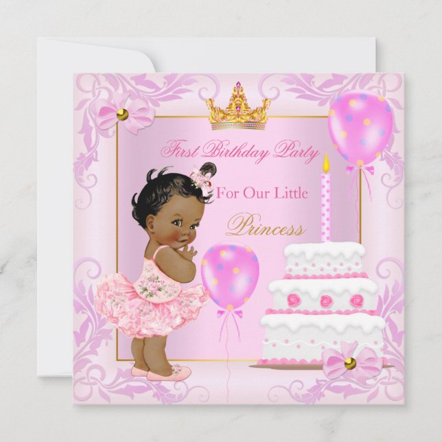 First Birthday Princess Tiara Girl Pink Ethnic Invitation (Front)