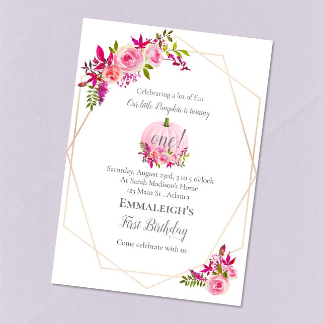 First Birthday Pumpkin Floral Geometric | Pink Invitation (Creator Uploaded)
