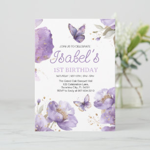 First birthday,Purple and gold flower Butterfly Invitation