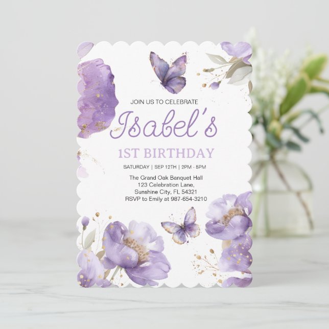  First birthday,Purple and gold flower Butterfly  Invitation (Standing Front)