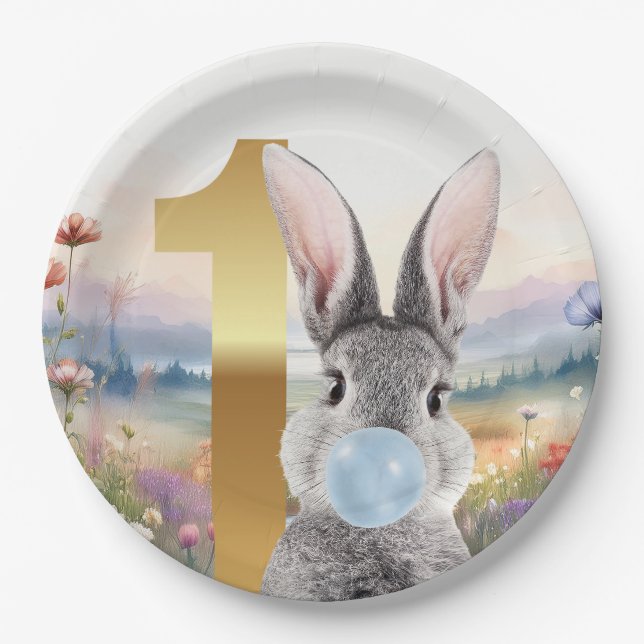First Birthday Rabbit blowing blue bubble gum  Paper Plate (Front)