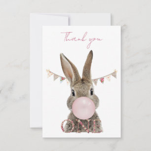 First Birthday Rabbit Blowing Pink Bubble gum   Thank You Card