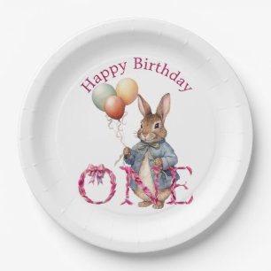 First Birthday Rabbit Colourful Balloons Paper Plate