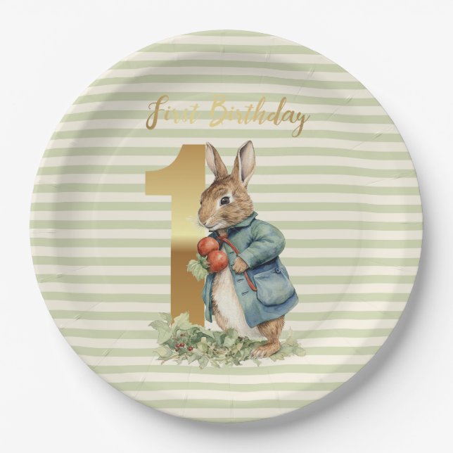 First birthday Rabbit Gold Number One Paper Plate (Front)