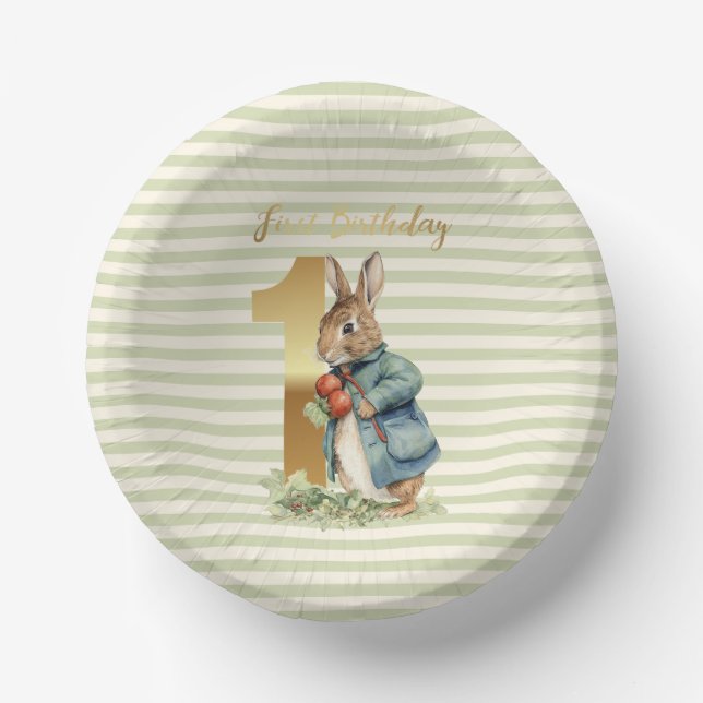 First Birthday Rabbit holding vegetables Paper Plate (Front)