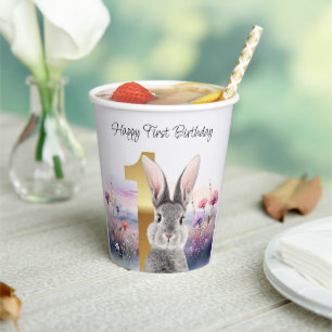 First Birthday Rabbit in a field of wildflowers Paper Cups