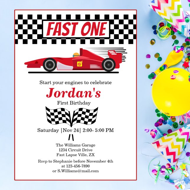 First Birthday Red Race Car Fast One  Invitation (Creator Uploaded)
