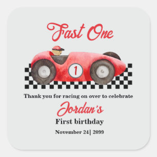 First Birthday Red Race Car Fast One Square Sticker