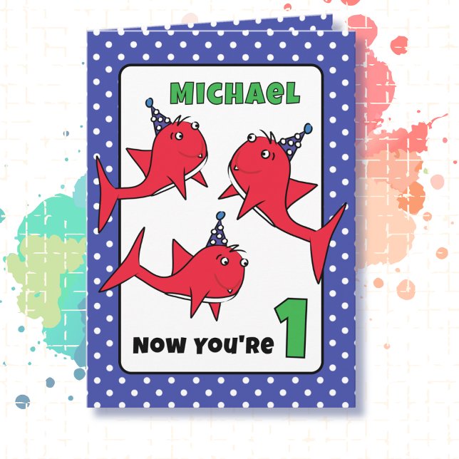 First Birthday Red Shark Fish Cartoon Cute Ocean  Card (Creator Uploaded)