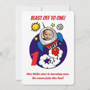 First Birthday Rocket Blast Off To One Child Photo Invitation