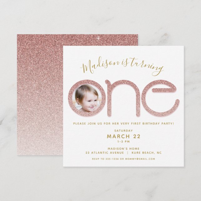 First Birthday Rose Gold Glitter Photo Invitation (Front/Back)