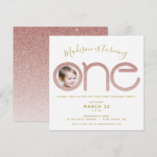 First Birthday Rose Gold Glitter Photo Invitation