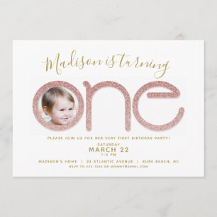 First Birthday Rose Gold Glitter Photo Invitation