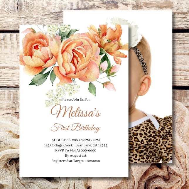 First Birthday Rustic Coral Peach Flower Photo Invitation (Creator Uploaded)