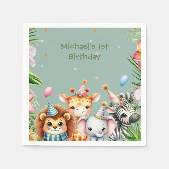 First Birthday Safari Animal Wild One Floral Napkin (Front)