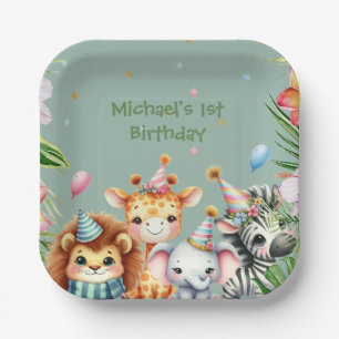 First Birthday Safari Animal Wild One Floral Paper Plate