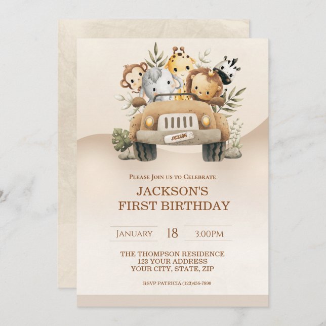 First Birthday Safari Jungle Animals  Party   Invitation (Front/Back)