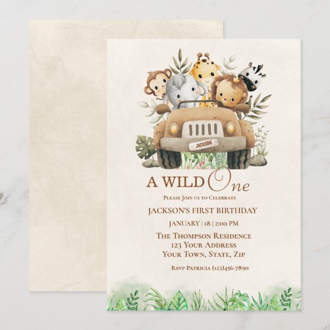 First Birthday Safari Jungle Animals  Party   Invitation (Front/Back)