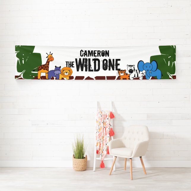 First Birthday Safari Jungle Wild One Personalised Banner (Insitu)