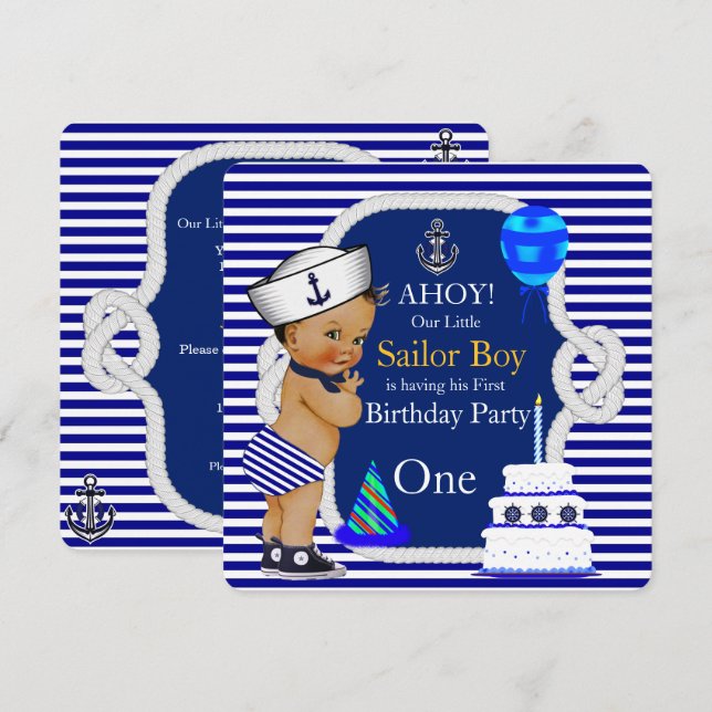 First Birthday Sailor Boy Navy Blue Stripe Invitation (Front/Back)