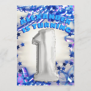 First Birthday Silver and Blue Age 1 Boys Party Invitation