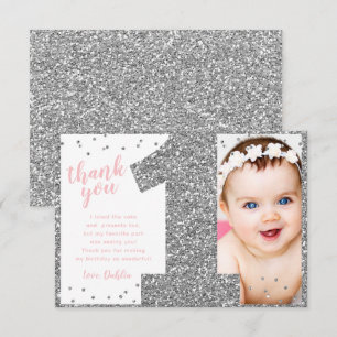 First Birthday Silver and Pink  Thank You Card