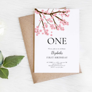 First Birthday Spring Cherry Blossoms Floral Cute Invitation
