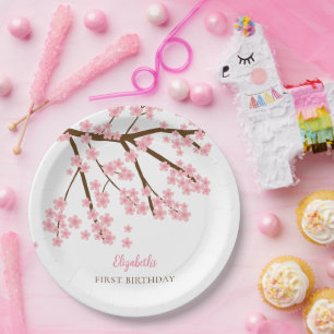 First Birthday Spring Cherry Blossoms Floral Cute Paper Plate