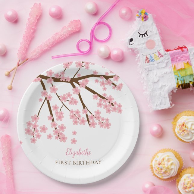 First Birthday Spring Cherry Blossoms Floral Cute Paper Plate (Party)