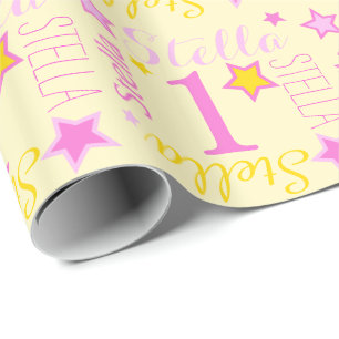 First birthday star custom name yellow pink wrapping paper