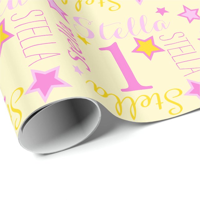 First birthday star custom name yellow pink wrapping paper (Roll Corner)