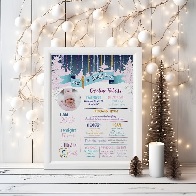First Birthday Stats Winter Pink Blue Purple Photo Poster (Creator Uploaded)