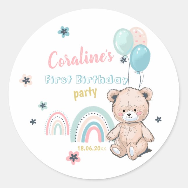 First Birthday Sticker with a cute teddy bear. (Front)