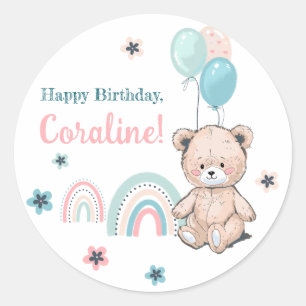 First Birthday Sticker with cute teddy bear.
