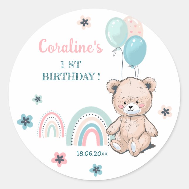 First Birthday Sticker with cute teddy bear. (Front)