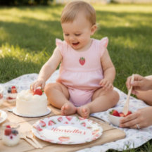 First Birthday Strawberry Watercolor Party Plates