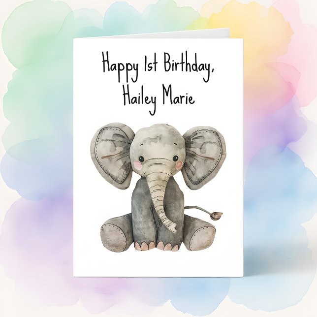 First Birthday Stuffed Elephant Personalised Card (Creator Uploaded)