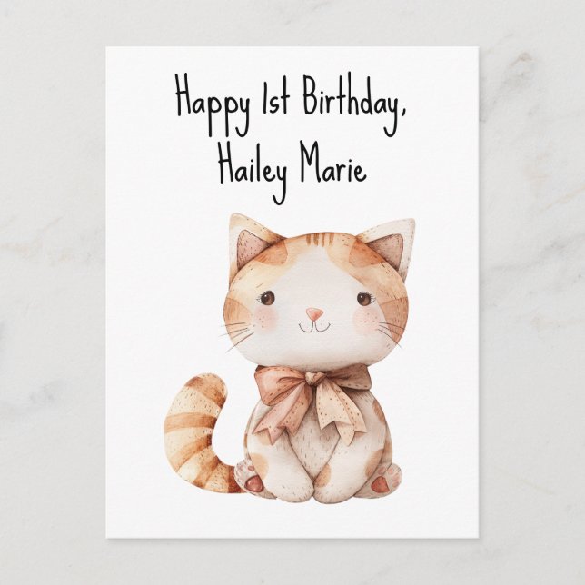 First Birthday Stuffed Toy Cat Personalised Postcard (Front)
