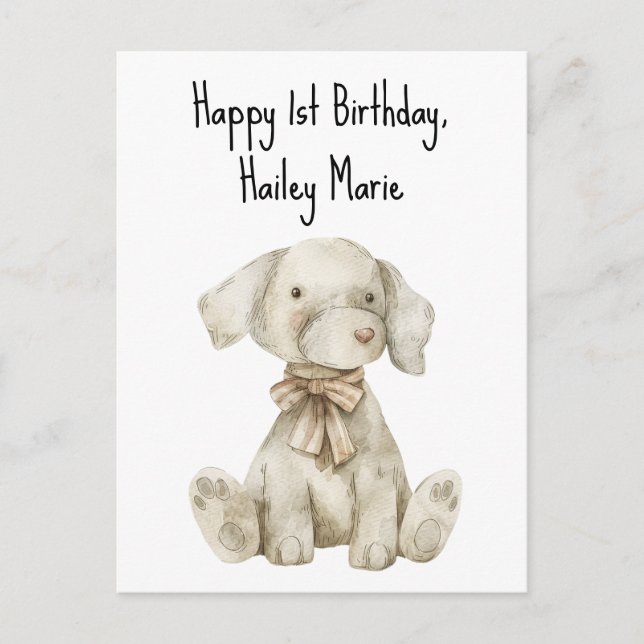 First Birthday Stuffed Toy Dog Personalised Postcard (Front)