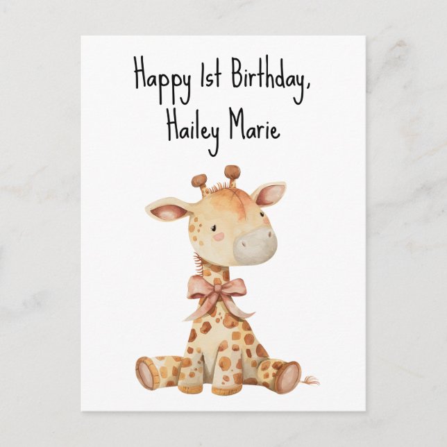 First Birthday Stuffed Toy Giraffe Personalised Postcard (Front)