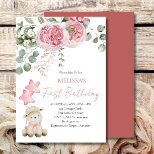 First Birthday Sweet Little Lamb Pink Roses  Invitation