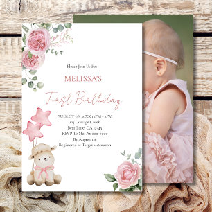 First Birthday Sweet Little Lamb Pink Roses  Invitation