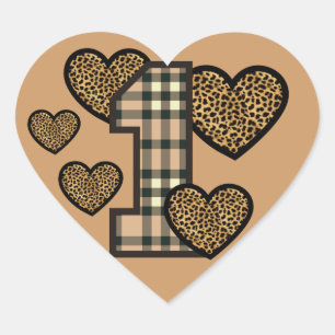 First Birthday TAN PLAID Number LEOPARD HeartsV05G Heart Sticker