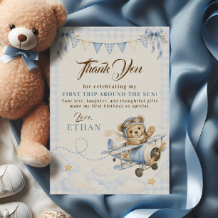 First Birthday Teddy Bear Aeroplane Blue Gingham Thank You Card