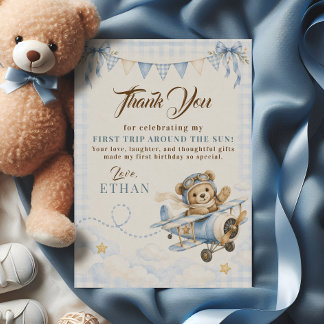 First Birthday Teddy Bear Aeroplane Blue Gingham Thank You Card