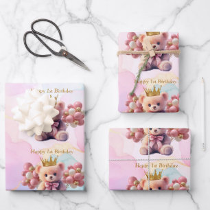 First Birthday Teddy Bear Pink Bow Gold Crown  Wrapping Paper Sheet