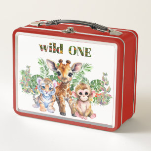 First Birthday Tiger Giraffe Monkey Wild One Metal Lunch Box