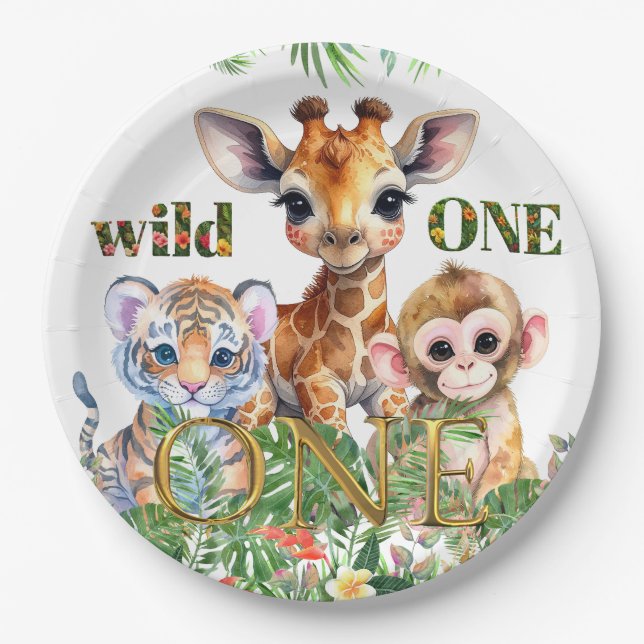 First Birthday Tiger Giraffe Monkey Wild One Paper Plate (Front)