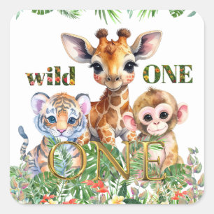 First Birthday Tiger Giraffe Monkey Wild One Square Sticker